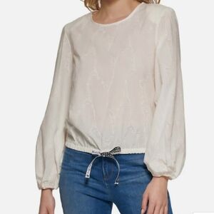 Karl Lagerfeld Paris Women's Eiffel Eyelet Cotton Blouse Soft White Size S